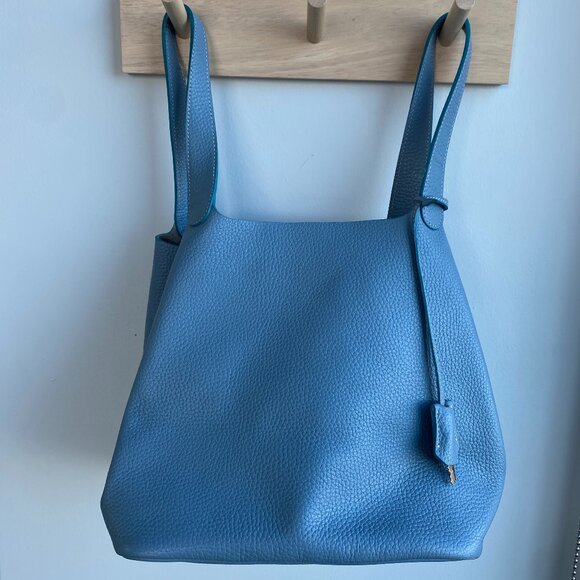 Light Blue Pebbled Leather Bucket Bag Lock Clemence Taurillon Picotin Bag - Picture 4 of 8